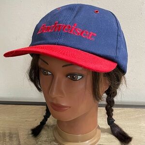 VINTAGE Mens BUDWEISER Blue & Red ADVERTISING Snap-Back BASEBALL Trucker HAT Cap